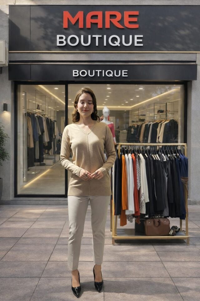 Bej Yüksek Bel Slim Fit Pantolon