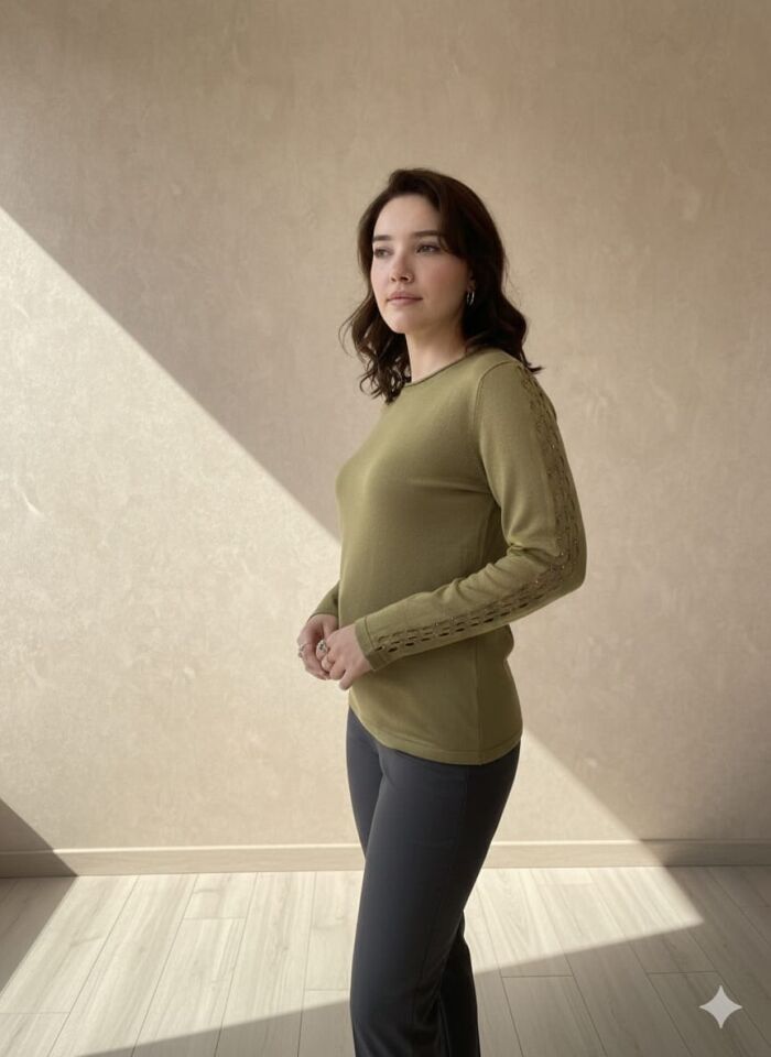 Omuz Detaylı Haki Uzun Kollu Bluz
