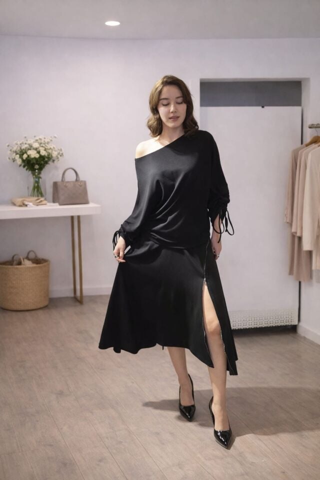 Asimetrik Yaka Deri Görünümlü Detaylı Siyah İkili Takım