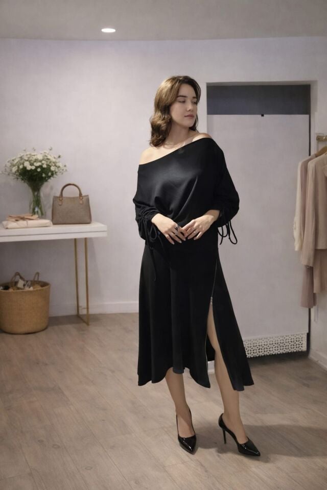 Asimetrik Yaka Deri Görünümlü Detaylı Siyah İkili Takım