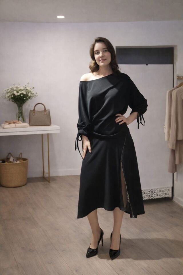 Asimetrik Yaka Deri Görünümlü Detaylı Siyah İkili Takım