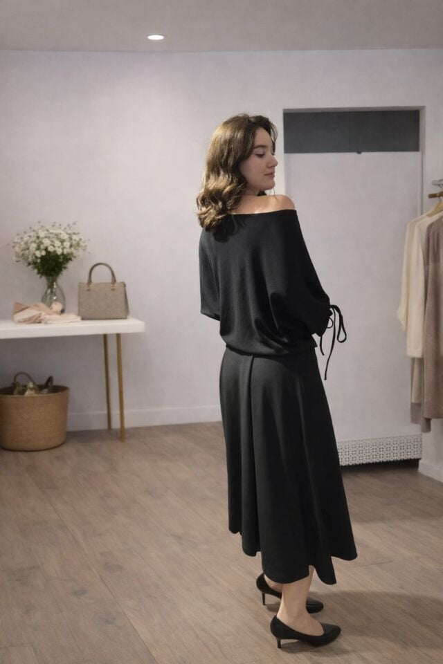 Asimetrik Yaka Deri Görünümlü Detaylı Siyah İkili Takım