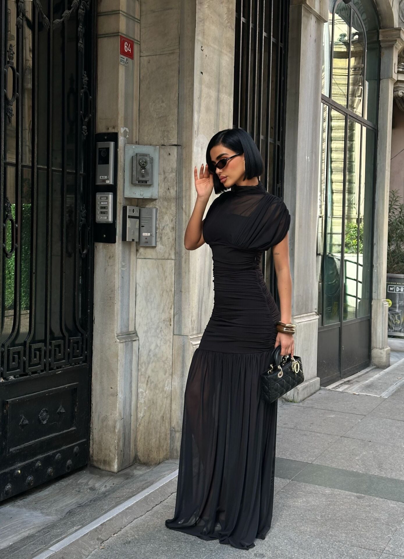 Siyah Drapeli Uzun Abiye Elbise