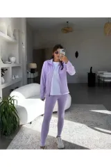 Uzun Kollu Fermuarlı Ceket ve Tayt Takım M - Lila