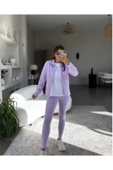 Uzun Kollu Fermuarlı Ceket ve Tayt Takım L - Lila