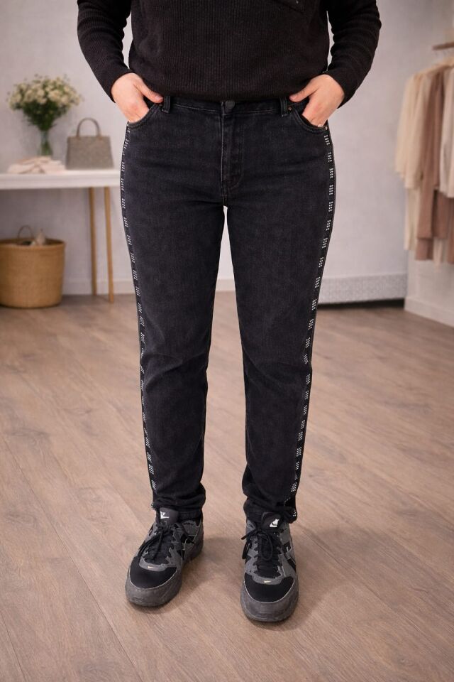 Taş Detaylı Yüksek Bel Skinny Jean Pantolon XL - Siyah