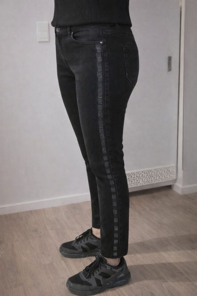 Taş Detaylı Yüksek Bel Skinny Jean Pantolon XL - Siyah