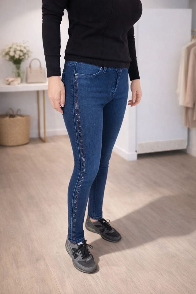 Taş Detaylı Yüksek Bel Skinny Jean Pantolon S - Mavi