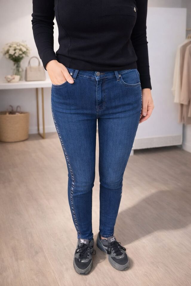 Taş Detaylı Yüksek Bel Skinny Jean Pantolon XL - Mavi
