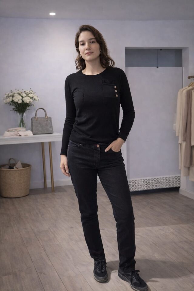 Yan Taş Detaylı Toparlayıcı Jean XL - Siyah