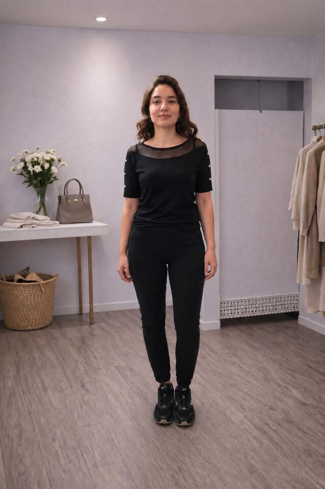 Şerit Detaylı Yüksek Beli Lastikli Siyah Pantolon