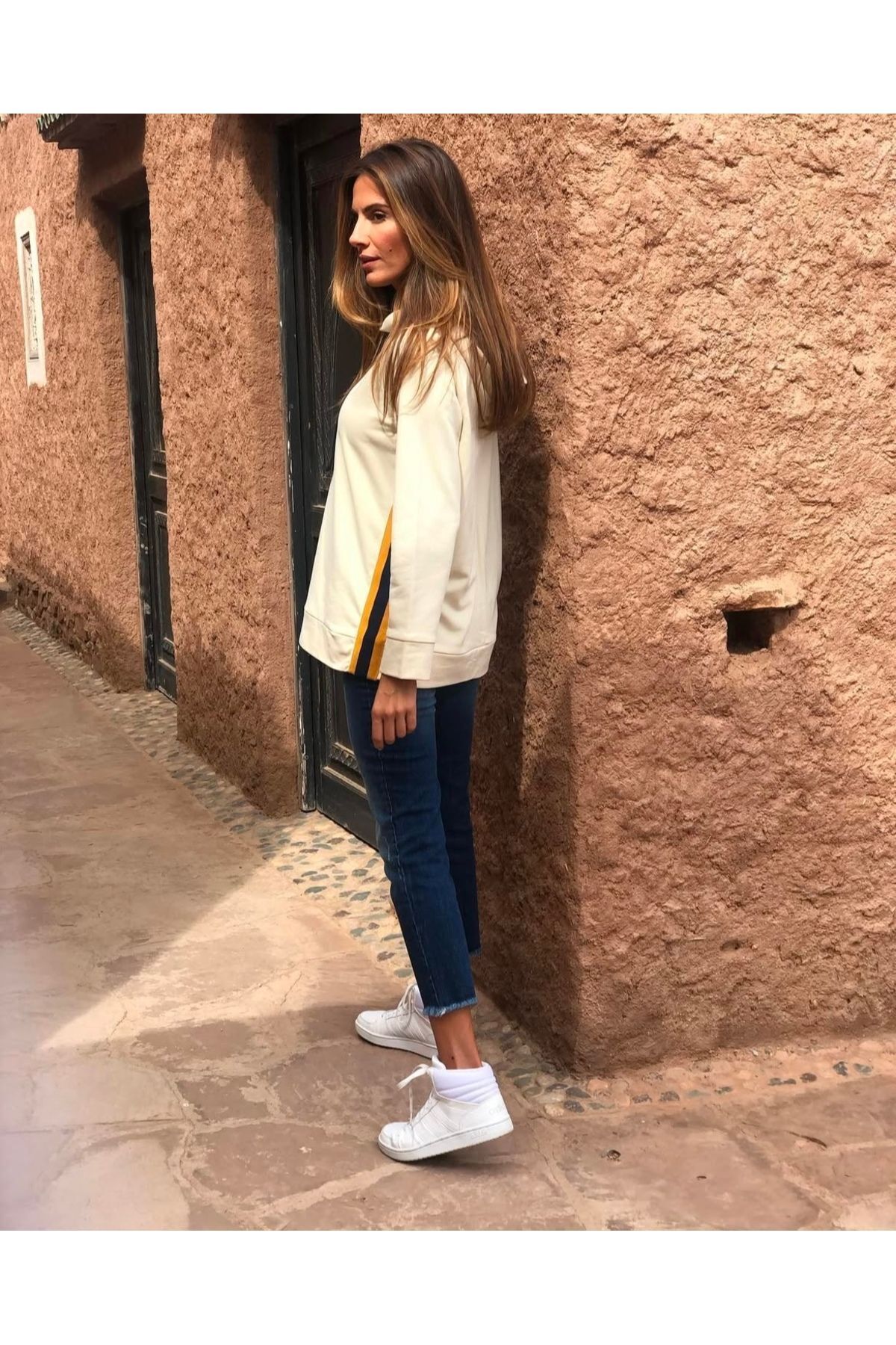 Kapüşonlu Yanı Şeritli  İpli Sweatshirt M - Krem