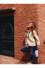 Kapüşonlu Yanı Şeritli  İpli Sweatshirt M - Krem