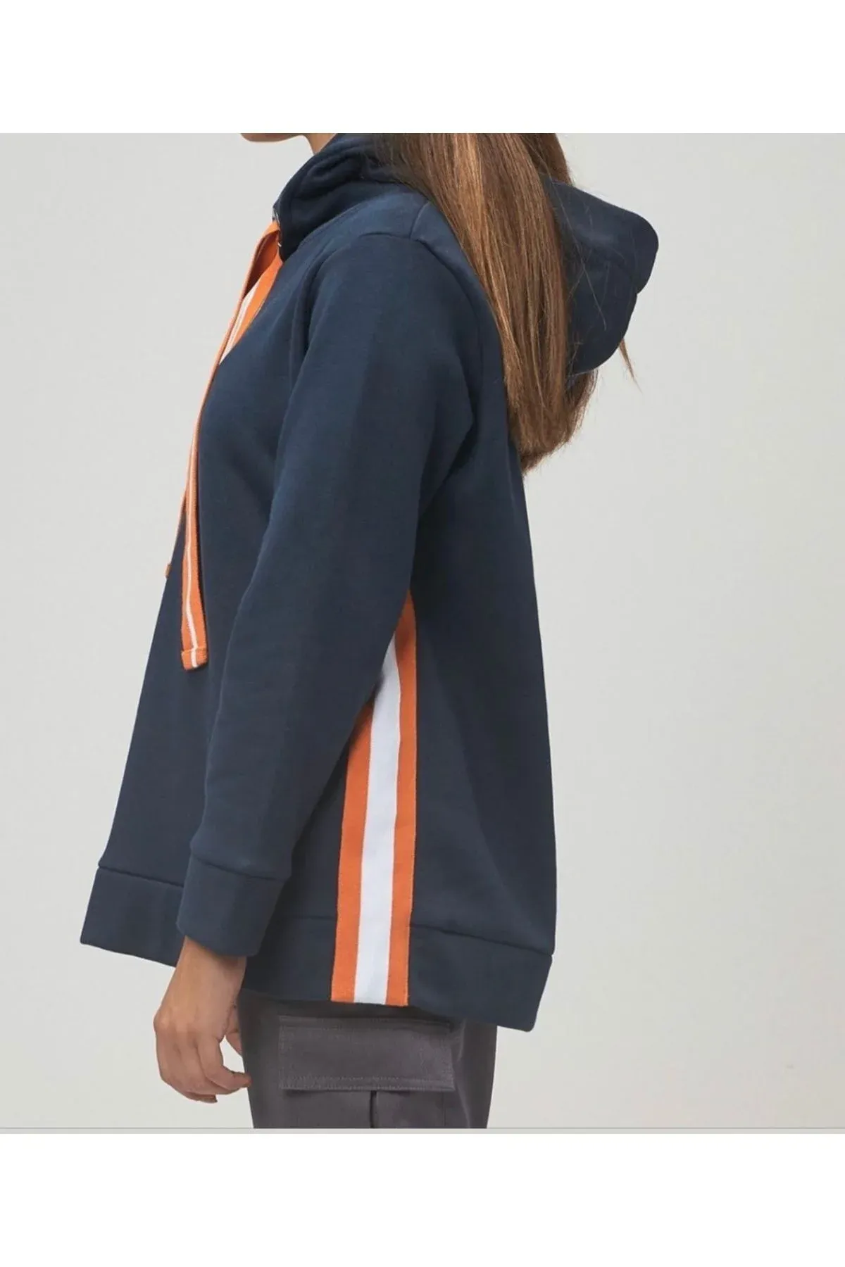 Kapüşonlu Yanı Şeritli  İpli Sweatshirt S - Lacivert