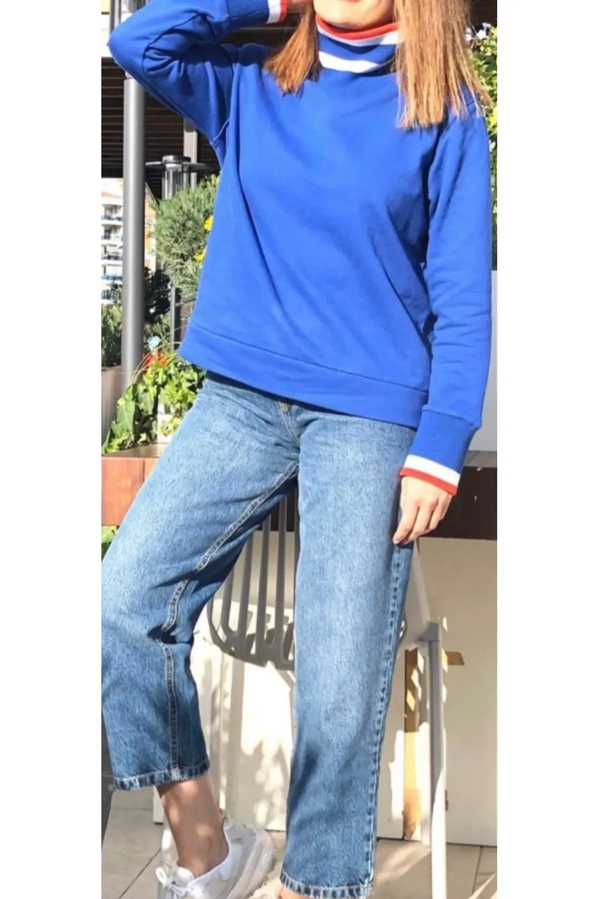 Dik Yaka Sweatshirt S - Mavi