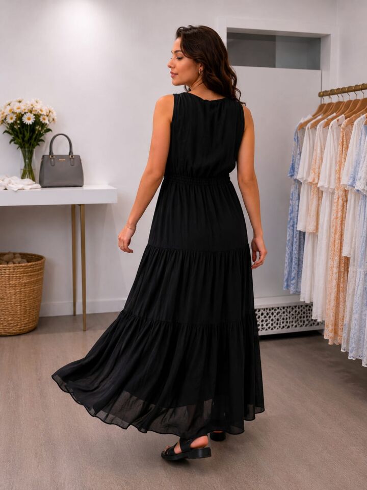 Akışkan Dokulu Beli Ayarlanabilir V Yaka Uzun Elbise