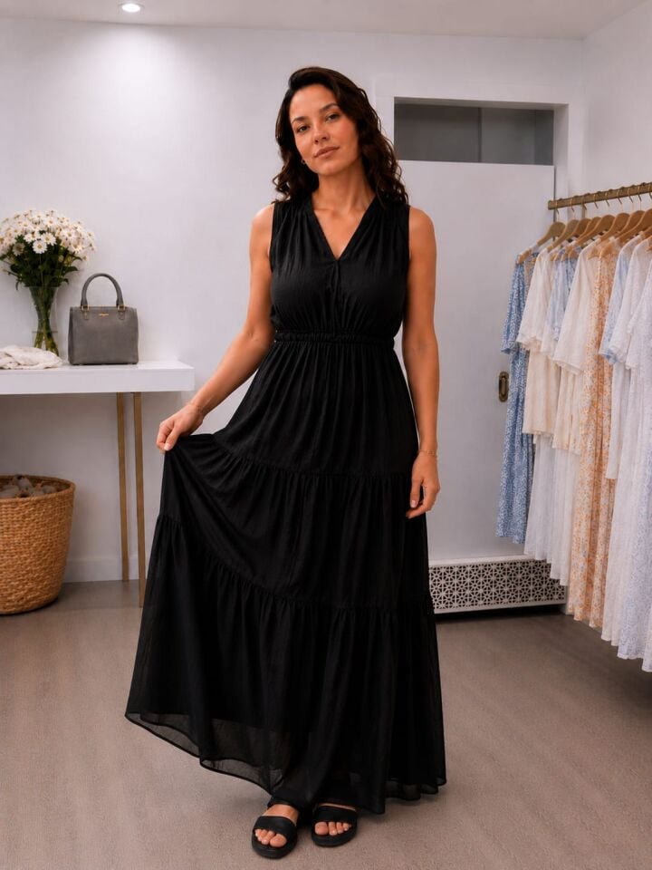 Akışkan Dokulu Beli Ayarlanabilir V Yaka Uzun Elbise Siyah