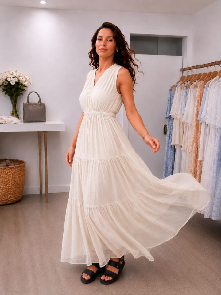 Akışkan Dokulu Beli Ayarlanabilir V Yaka Uzun Elbise Ekru
