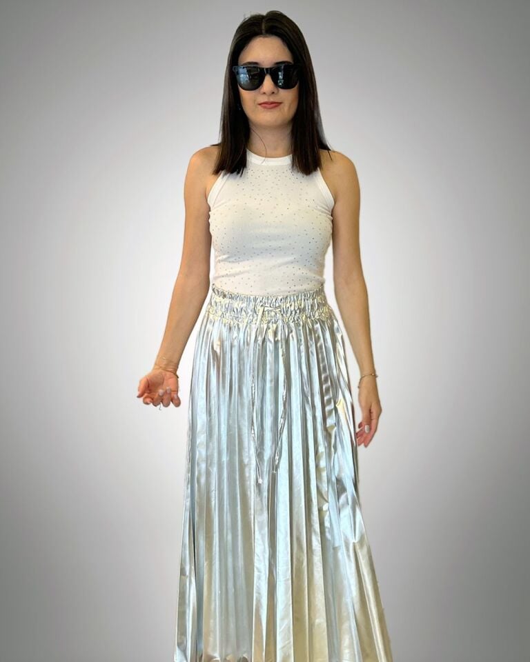 Gümüş Işıltılı Piliseli Maxi Etek