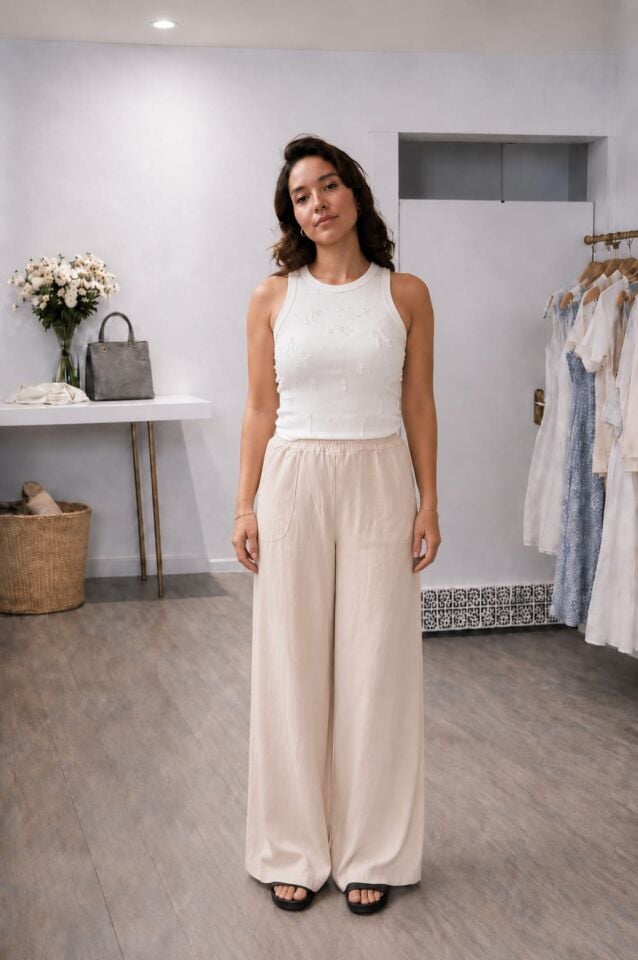 Beli Lastikli Geniş Paça Keten Pantolon