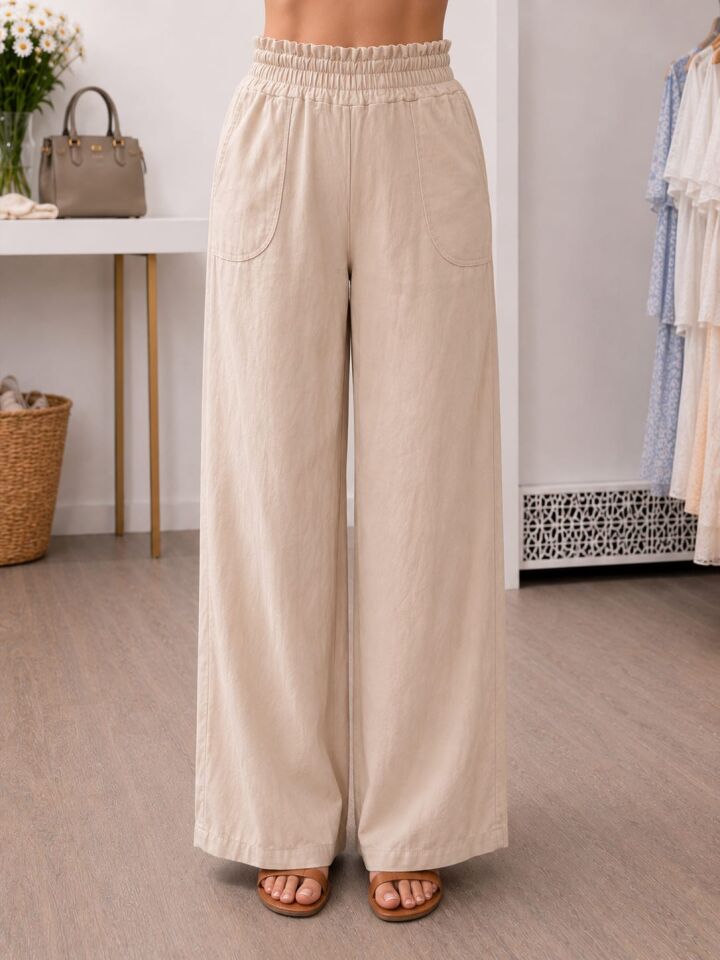 Beli Lastikli Geniş Paça Keten Pantolon XXL - Bej