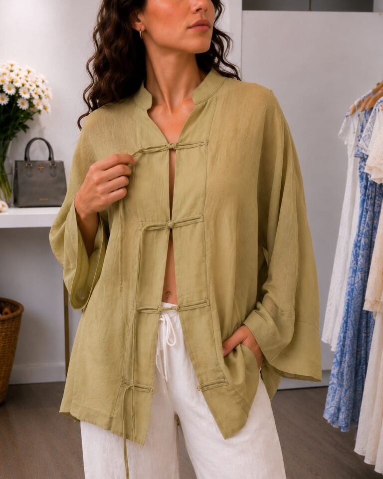 Bağlama Detaylı Salaş Kimono Bluz – Haki