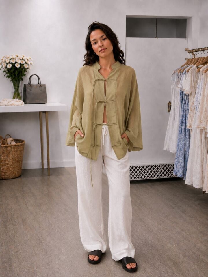 Bağlama Detaylı Salaş Kimono Bluz – Haki