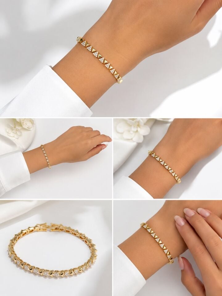14K Gold Kaplama Üçgen Detaylı Taşlı Bileklik