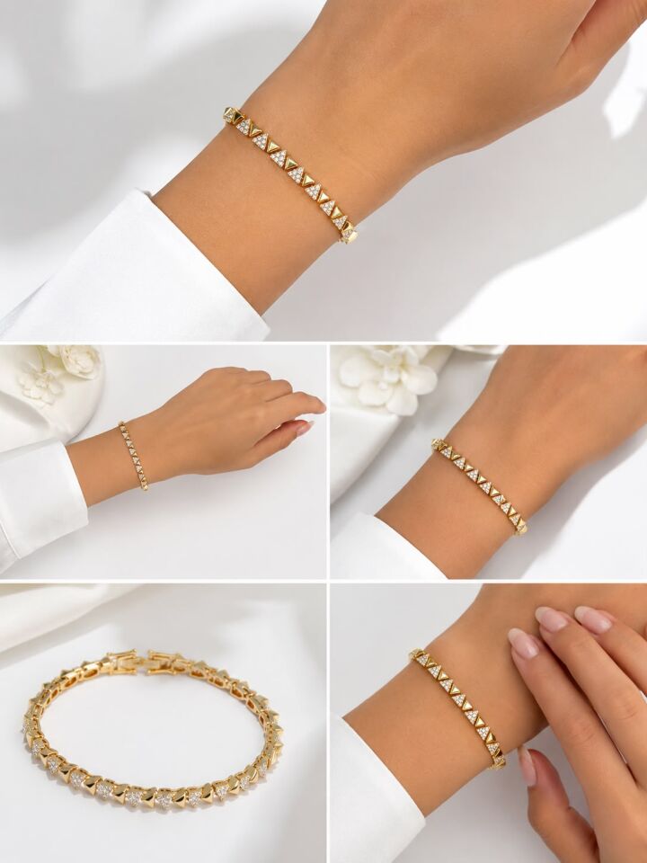 14K Gold Kaplama Üçgen Detaylı Taşlı Bileklik