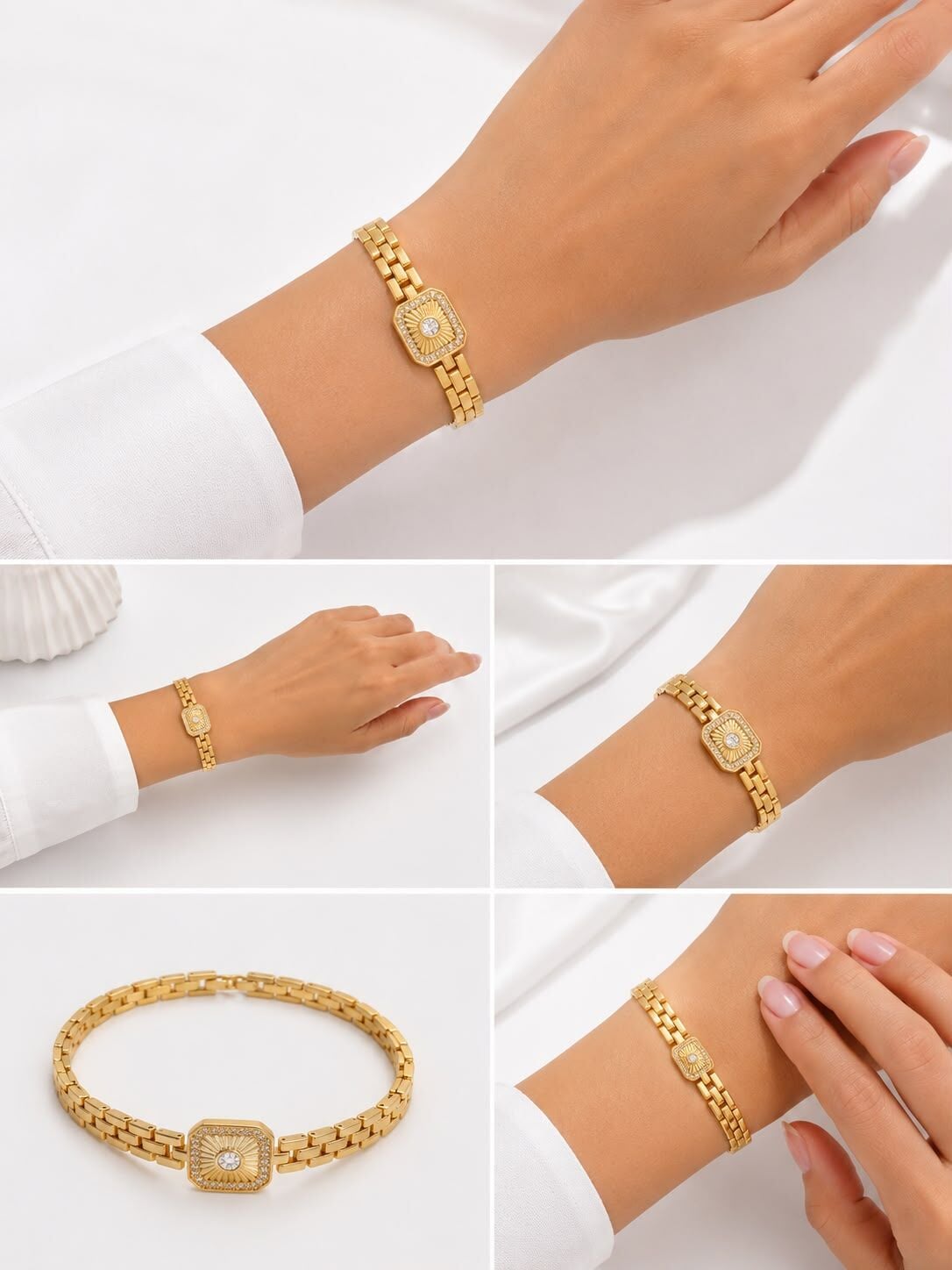 14K Gold Kaplama Taşlı Kare Plaka Bileklik