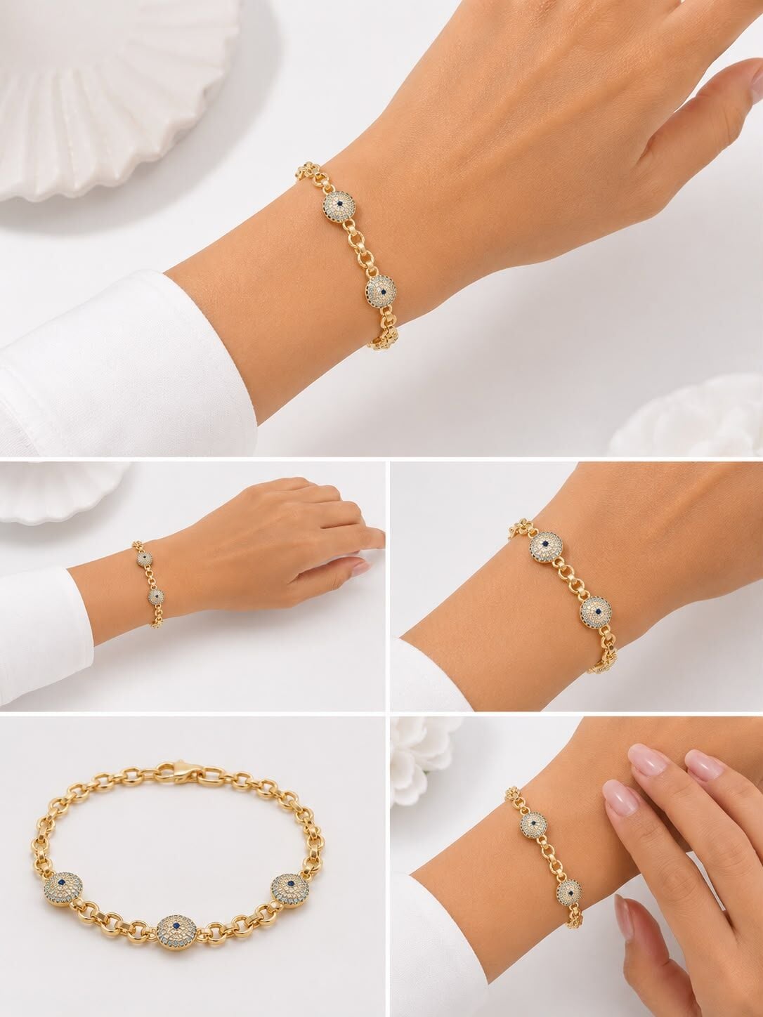 14K Gold Kaplama Zirkon Taşlı Nazar Boncuklu Bileklik
