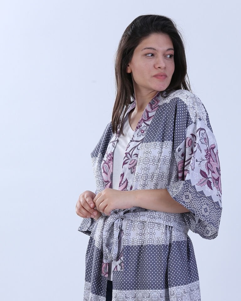 Etnik Desenli Bağlamalı Kimono Kaftan