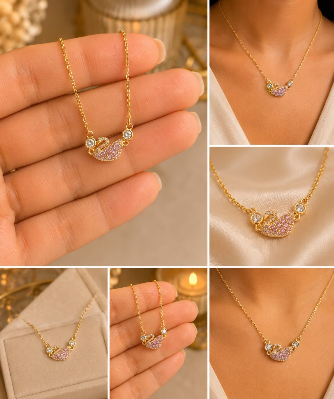 Gold Zirkon Taşlı Zarif Kuğu Kolye