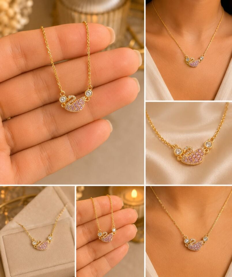Gold Zirkon Taşlı Zarif Kuğu Kolye