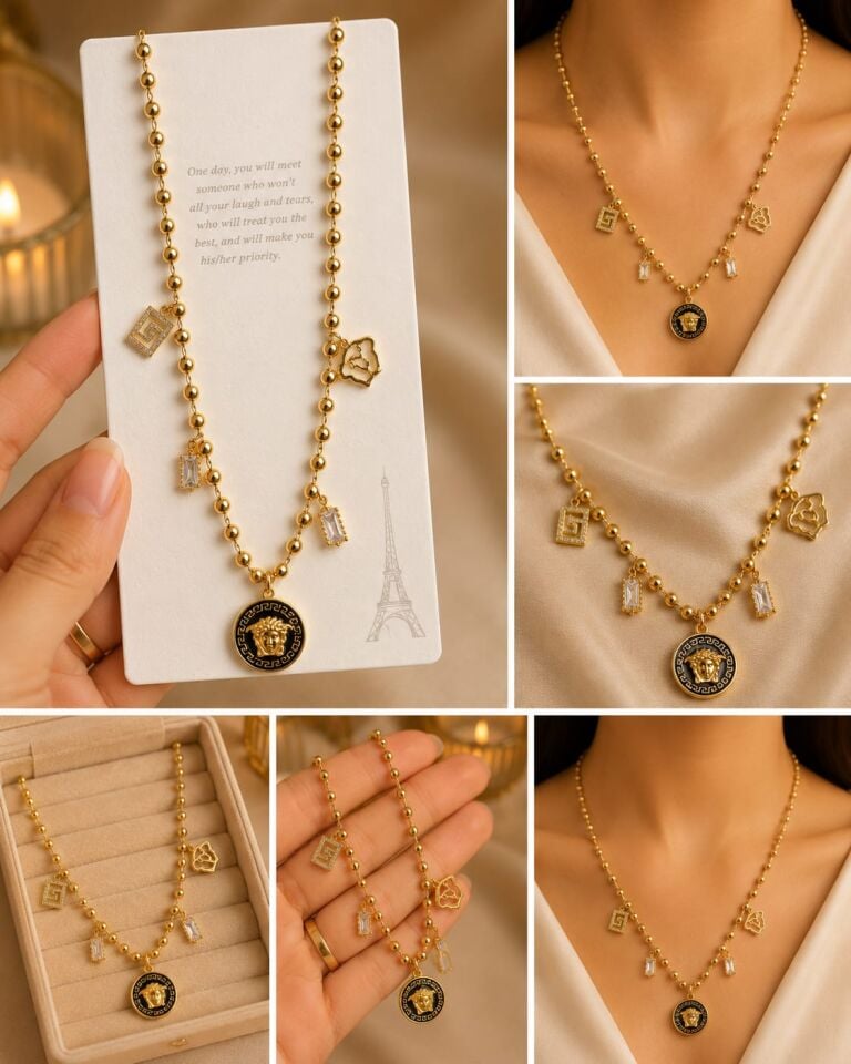 Gold Medusa Madalyon ve Charm Detaylı Kolye