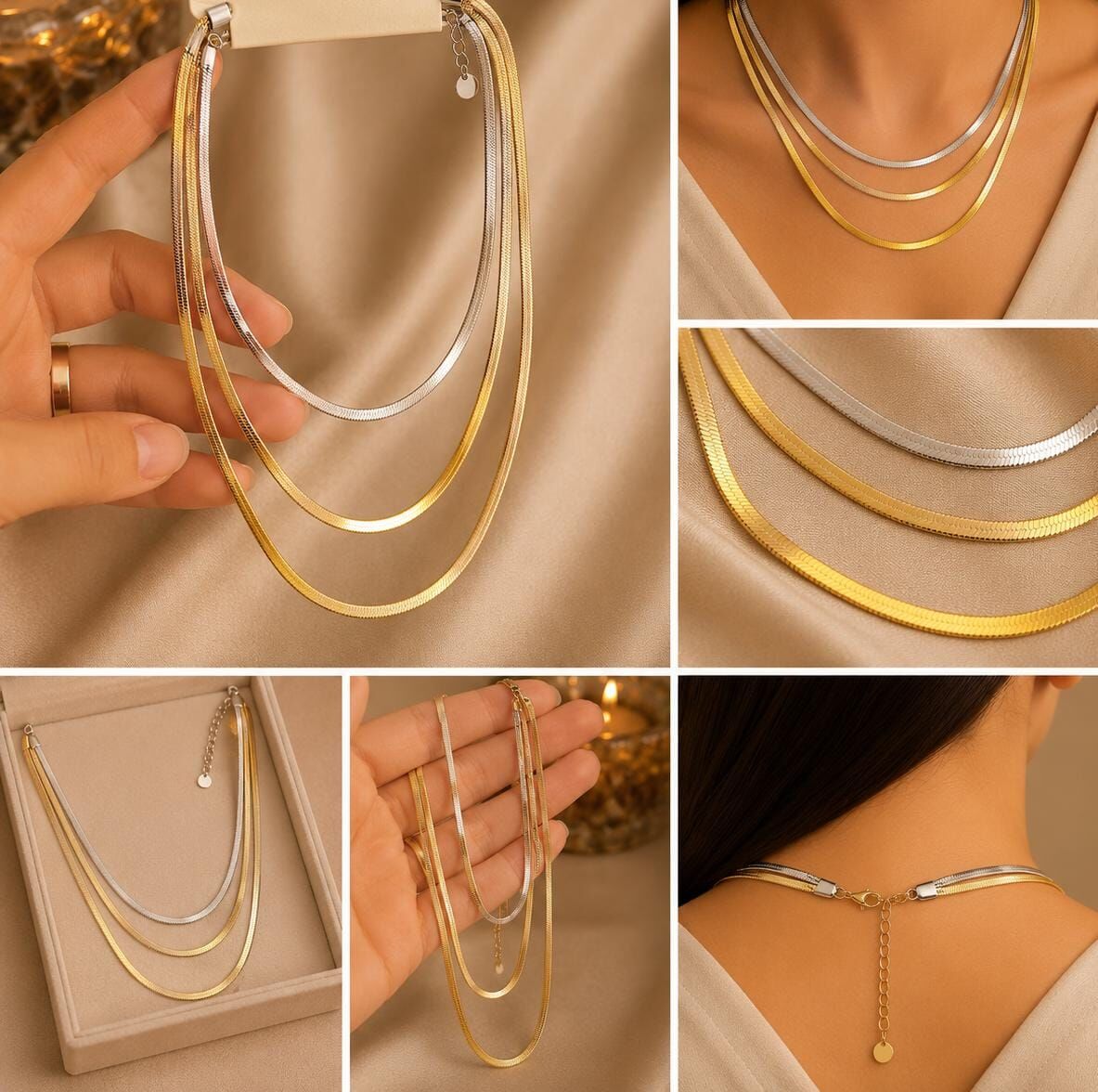 14K Gold, Silver & Rose Üçlü Yassı Zincir Kolye