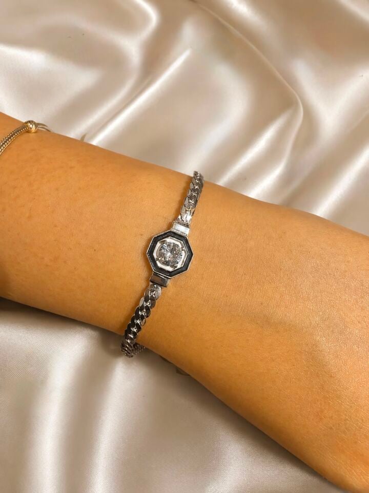 Silver Baget Taşlı Sekizgen Zincir Bileklik