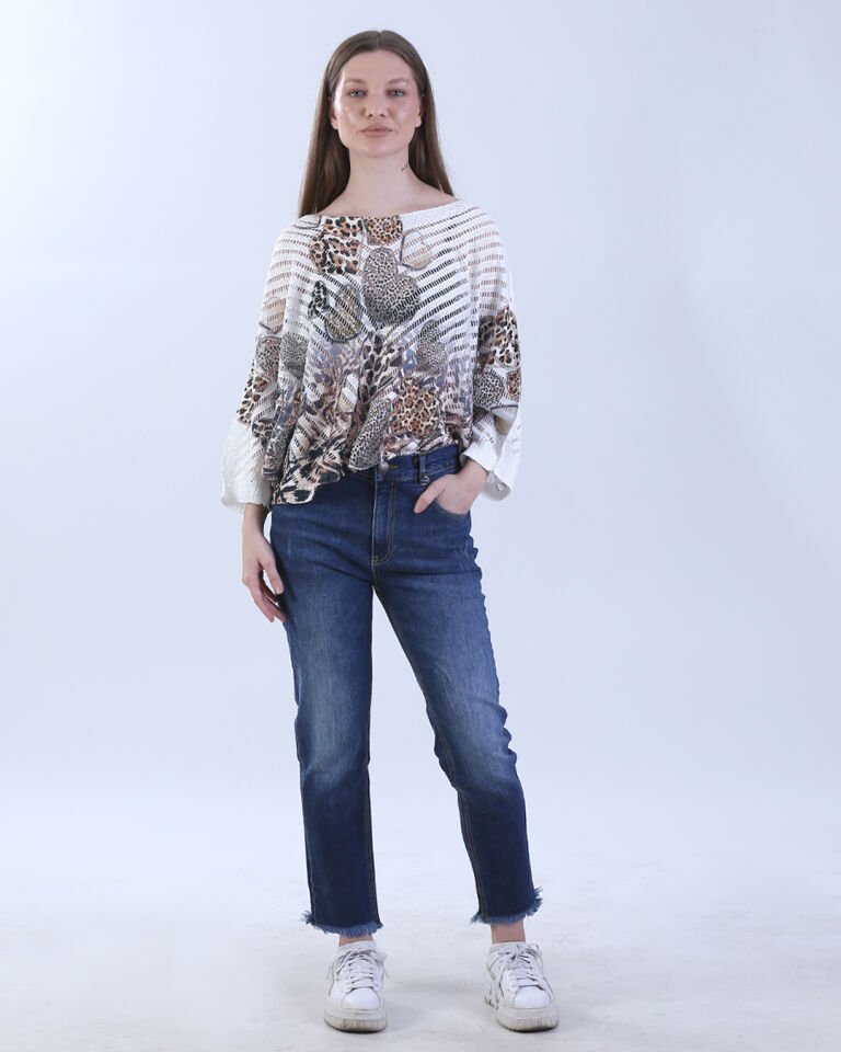Desenli Merserize Bluz Leopar Desenli