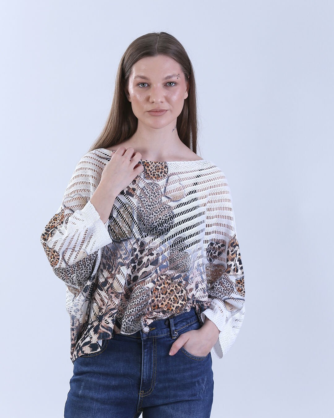 Desenli Merserize Bluz Leopar Desenli