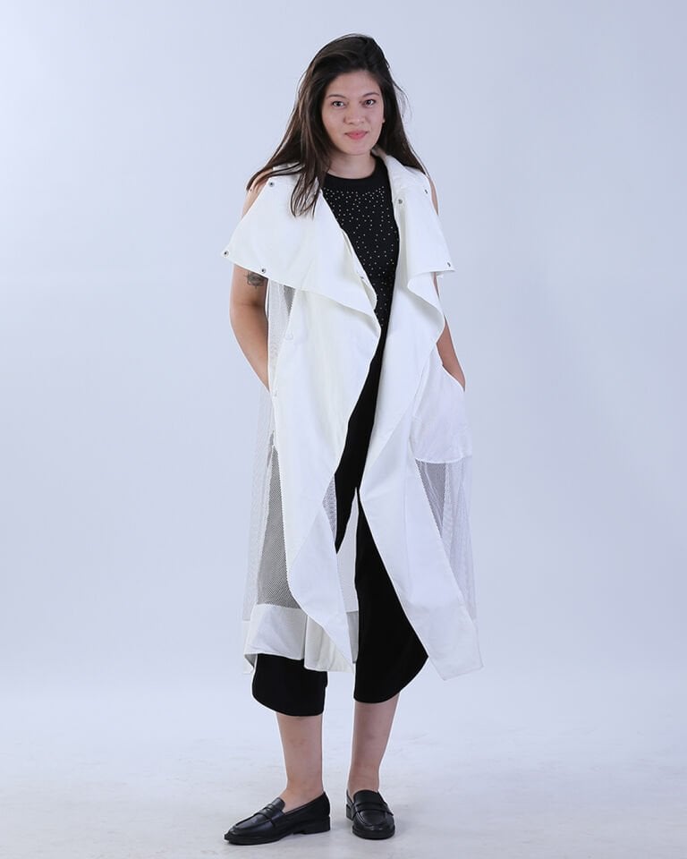 File Detaylı Uzun Beyaz Keten Yelek (Standart Beden)