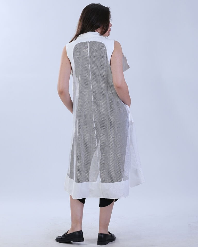 File Detaylı Uzun Beyaz Keten Yelek (Standart Beden)