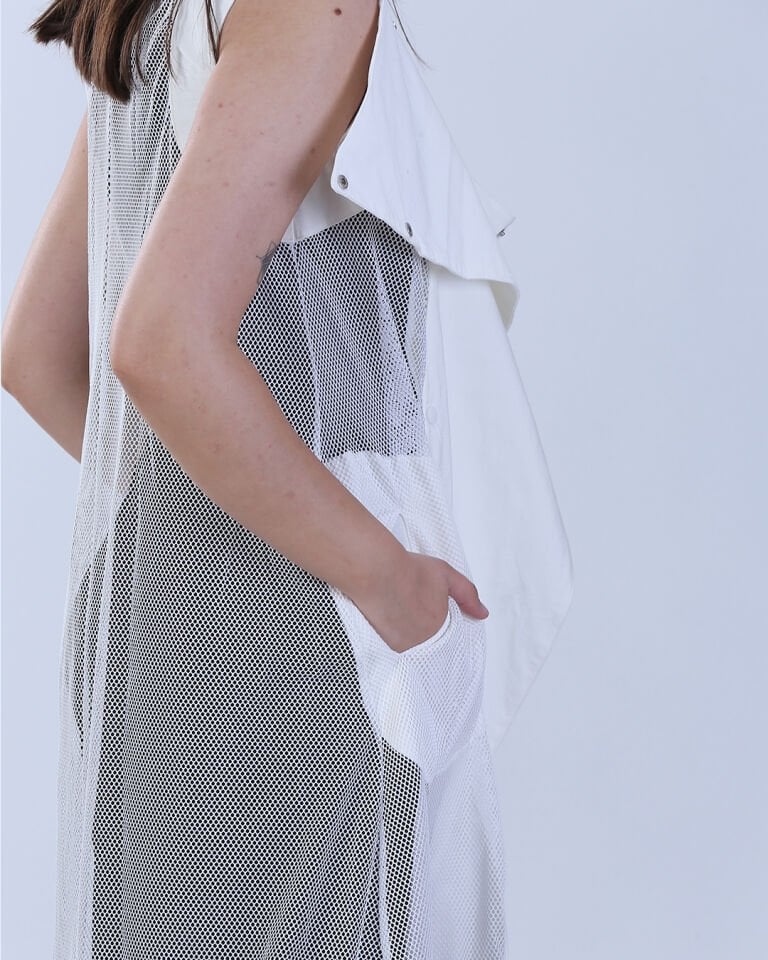 File Detaylı Uzun Beyaz Keten Yelek (Standart Beden)