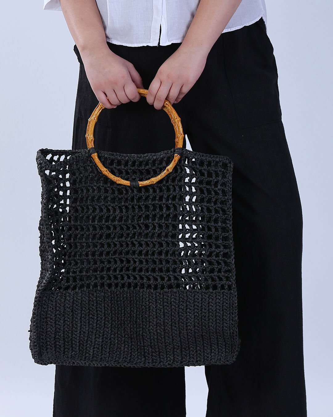 Bambu Saplı Şık Örgü Tote Çanta