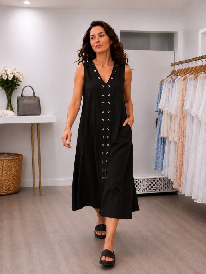 Sandy Kumaş Kuşgöz Detaylı V Yaka Midi Elbise