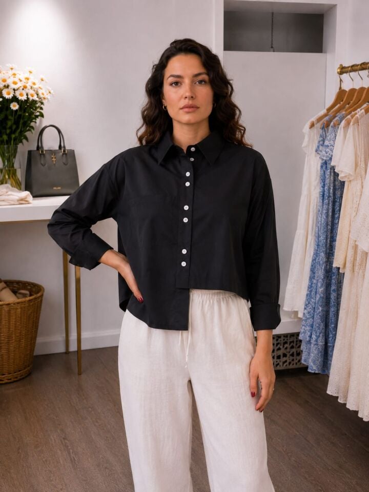Asimetrik Kesim Poplin Kumaş Siyah Crop Gömlek