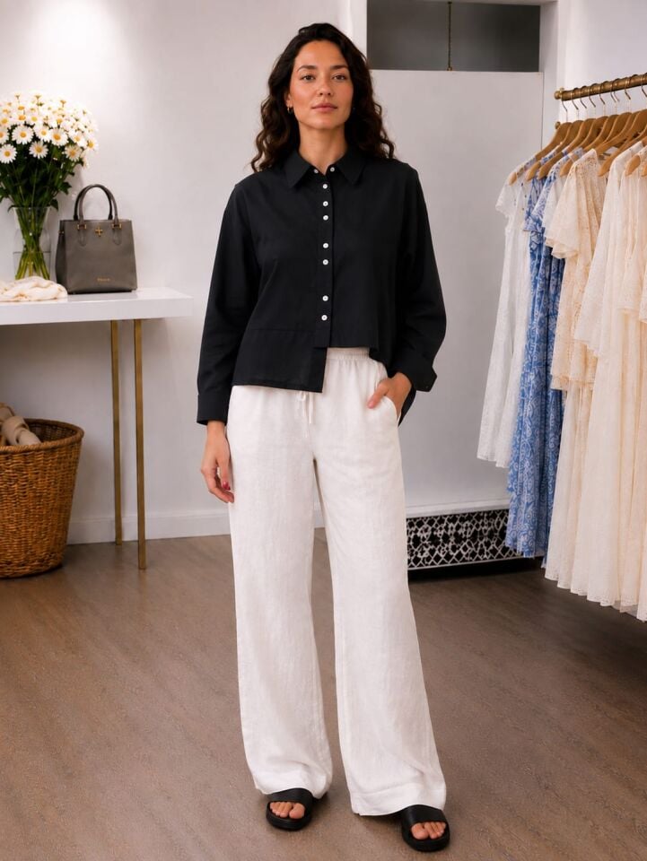 Asimetrik Kesim Poplin Kumaş Siyah Crop Gömlek