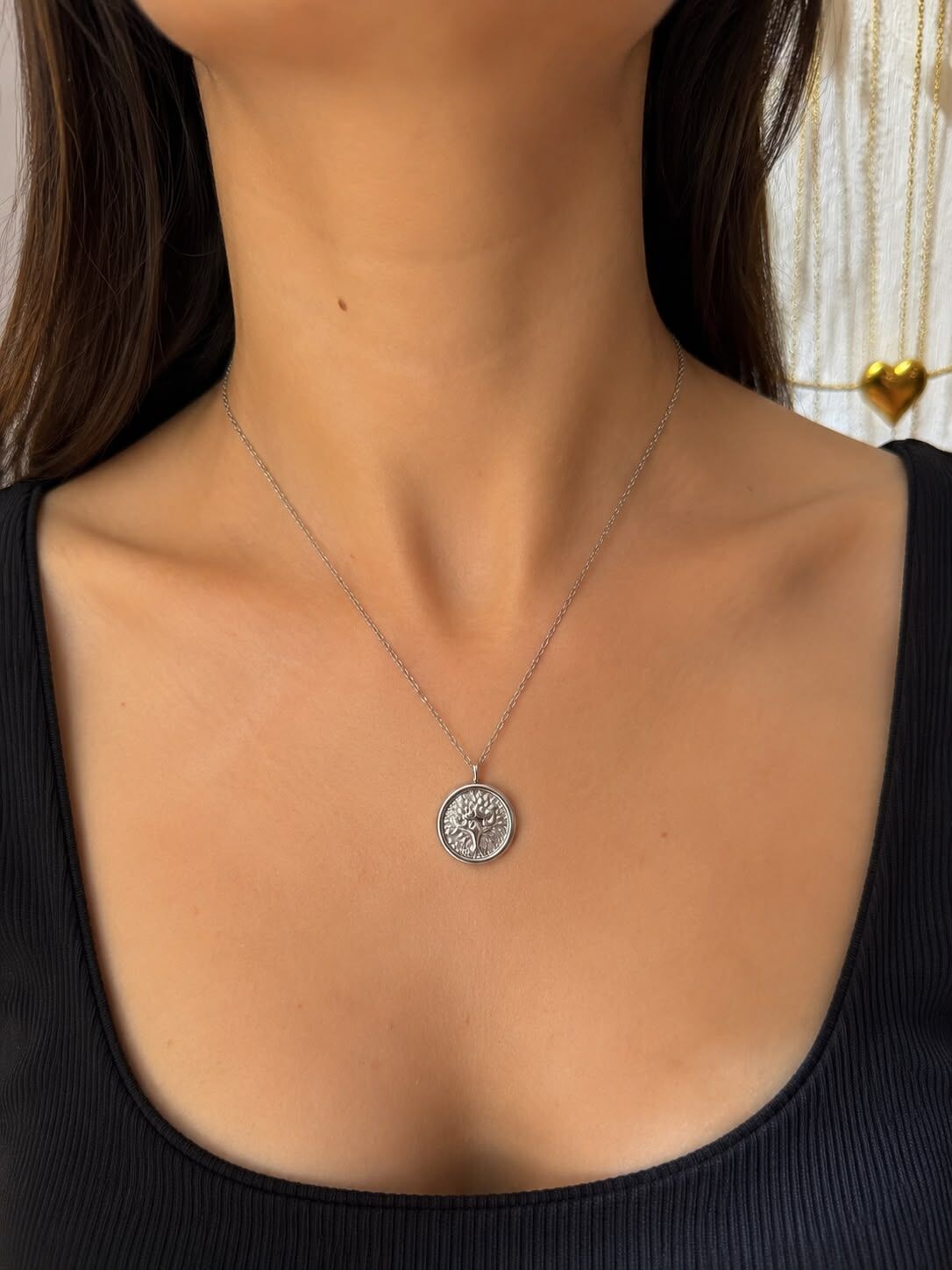 Silver Hayat Ağacı Madalyon Çelik Kolye