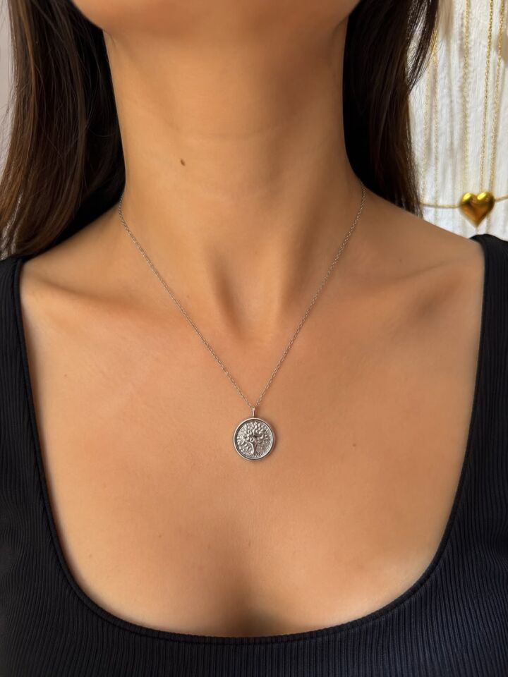 Silver Hayat Ağacı Madalyon Çelik Kolye