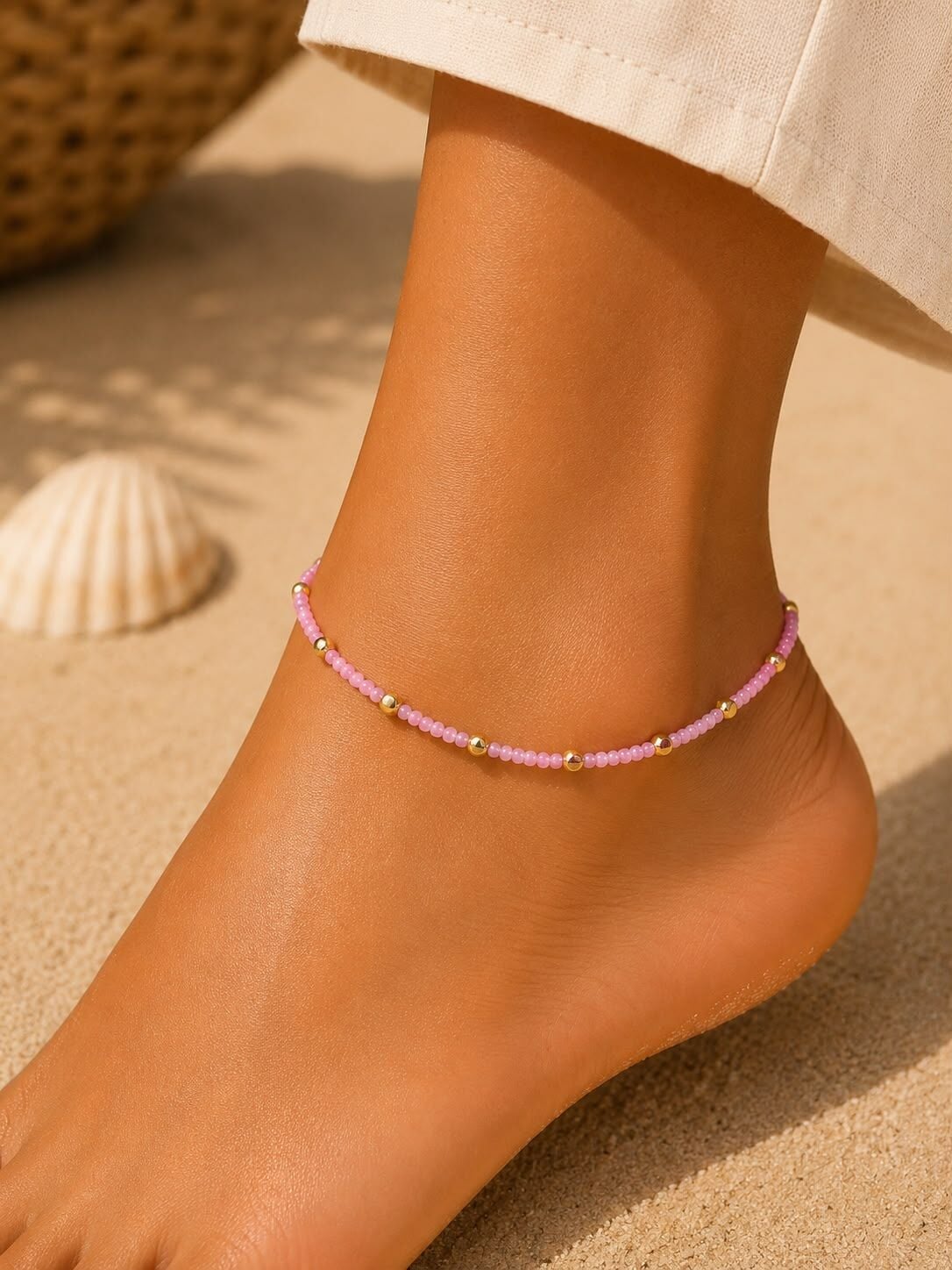 Pembe Boncuk Detaylı Gold Halhal