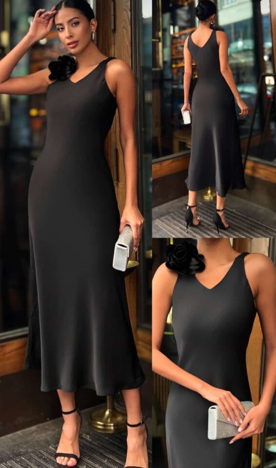 Zarif İğne Broş Detaylı Siyah Uzun Elbise